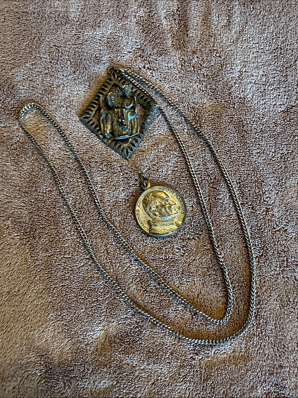 Two Very Old Religious Pendants 1: St. Christopher Pewter. 2: Pope John XX III